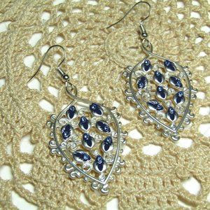 Blue Topaz Small Crystals Filigree Long Dangle Silverplate Earrings